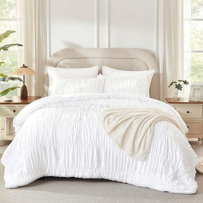 Andency Ruched White Oversized Queen Size Comforter Sets, Shabby Chic Pleated Bedding Sets 3 Pieces, Lightweight Soft Boho Ruffle Bed Set for Girls, Kids, Women, All Season