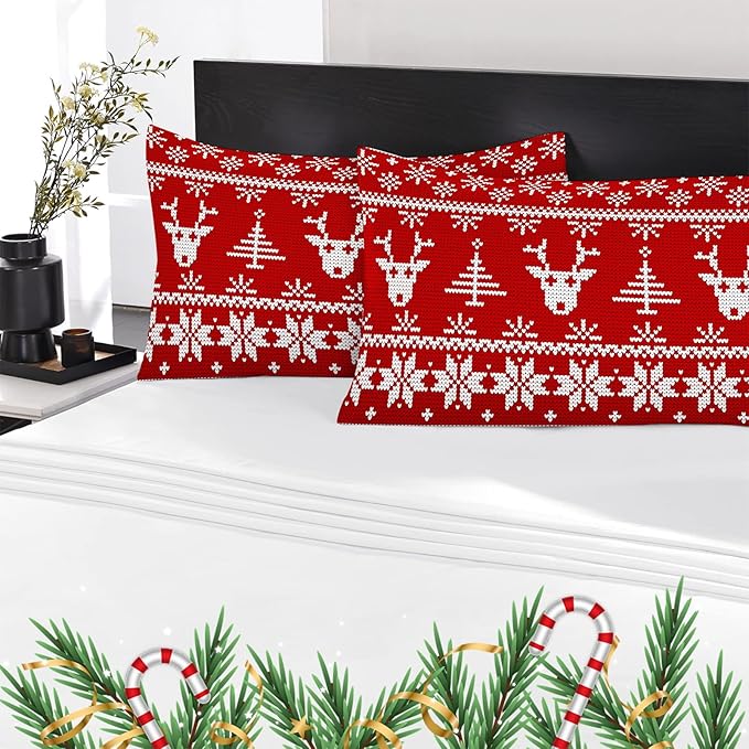 YIYEA Christmas King Size Pillow Cases Set of 4, Ultra Soft Double Brushed Microfiber Red Pillowcases and Christmas Reindeer Pillow Covers, Envelope Closure, Fade Resistant (20"x36")