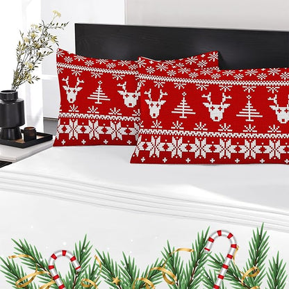YIYEA Christmas King Size Pillow Cases Set of 4, Ultra Soft Double Brushed Microfiber Red Pillowcases and Christmas Reindeer Pillow Covers, Envelope Closure, Fade Resistant (20"x36")