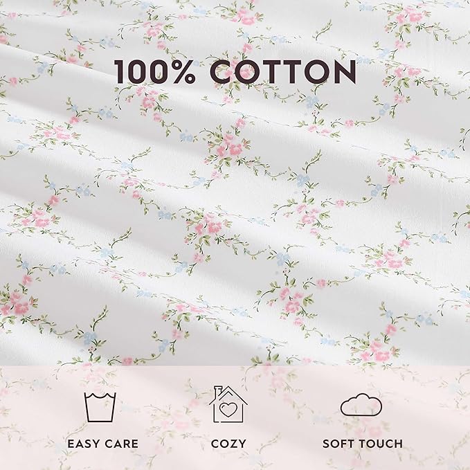 Laura Ashley - Queen Sheet Set, Crisp & Cool Cotton Percale Bedding with Deep Pockets, Lightweight for Year Round Comfort, Bed Sheets with Matching Pillowcases (Lynda Pink)
