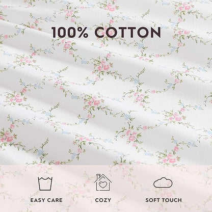 Laura Ashley - Queen Sheet Set, Crisp & Cool Cotton Percale Bedding with Deep Pockets, Lightweight for Year Round Comfort, Bed Sheets with Matching Pillowcases (Lynda Pink)