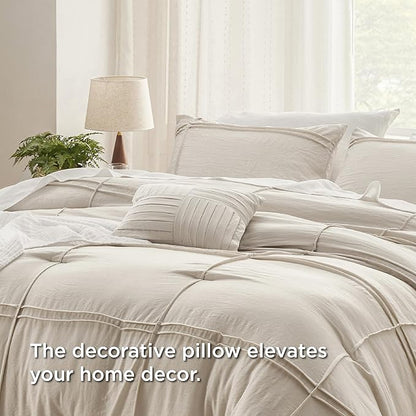 Bedsure King Comforter Set - 4 Pieces Grid Pleat Bed Set, Beige Boho Bedding for All Season, 1 Soft Comforter, 2 Pillowcases, 1 Decorative Pillow