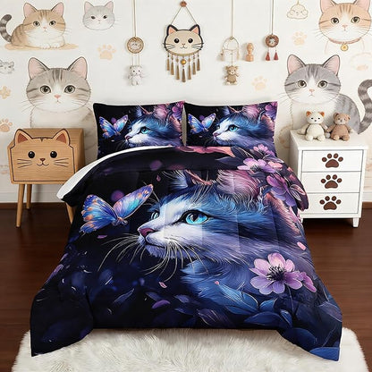 Kids Cat Comforter Set Queen Size,Fantasy Cats Butterfly Flowers Bedding Set for Kids Girls Kawaii Room Decor,Cute Little Animal Themed Toddler Bedding Set with 2 Pillowcases.