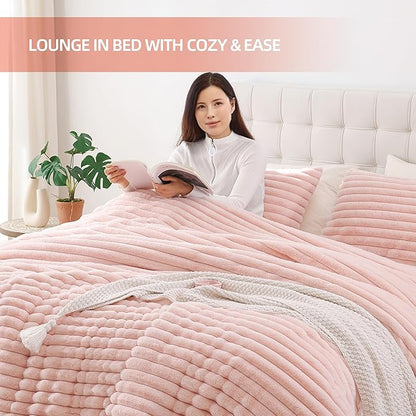 Smoofy Fluffy King Size Comforter Set 3 Pieces - Blush Pink Fleece Fluffy Comforter Set, Luxury Fuzzy King Bedding Set, Soft King Bed Set All Season, Heavy Faux Fur Comforter with 2 Pillow Cases