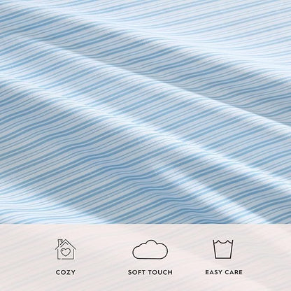Laura Ashley - Full Sheet Set, Crisp & Cool Cotton Percale Bed Sheets, Deep Pockets, Striped Bedding with Matching Fitted Sheet & Pillowcases (Bedford Skinny Stripe Blue)