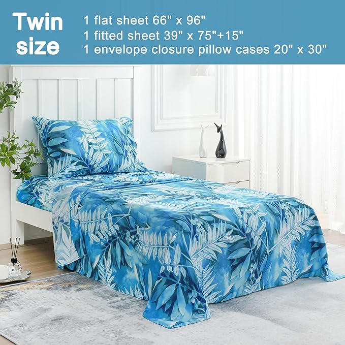 JSD Teal Blue Tropical Leaves Sheet Set Twin Size, 3 Piece Printed Microfiber Sheets Extra Deep Pocket Wrinkle Free