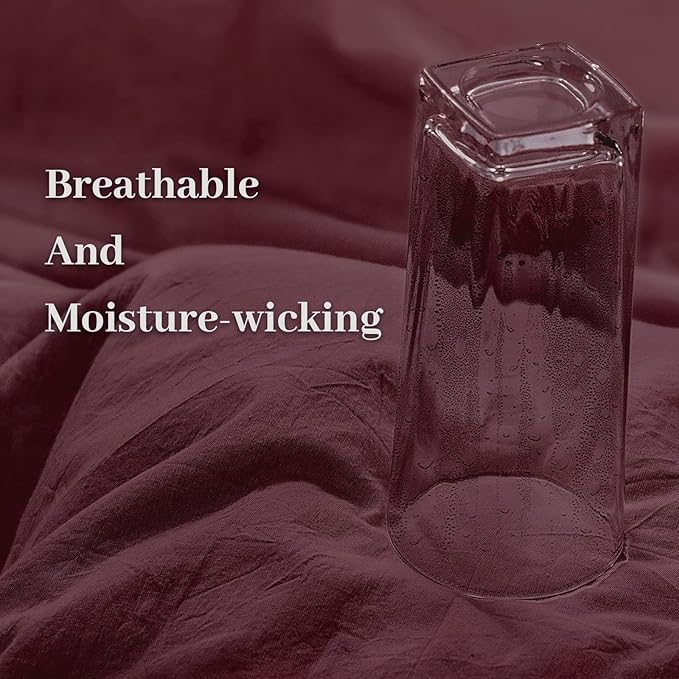 NEXHOME PRO Duvet Cover Set 100% Washed Cotton Oversized Queen 98"x98", Organic Natural Linen Look Textured 3 Pieces Bedding Set Burgundy Dark Red with Zipper Closure, Breathable (No Comforter)