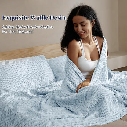 PHF 100% Cotton Waffle Weave Blanket Twin Size for Bed, Soft Lightweight & Breathable for Spring and Summer, All-Season Comfort, Luxury Aesthetic Blanket for Home Decor, 66"x90", Sky Blue