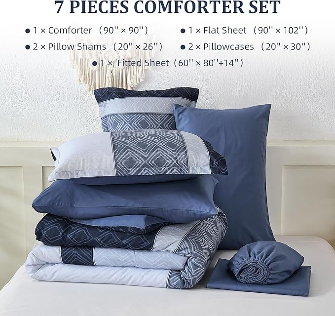 Dinjoy Boho Queen Comforter Set Mineral Blue,7 Piece Bed in a Bag Queen Size Warm Striped Fall Bedding Sets with Plaid Comforters with Sheets for Family All Season