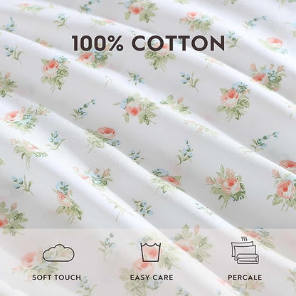 Laura Ashley - Twin XL Sheet Set, Crisp & Cool Cotton Percale Bedding with Deep Pockets, Lightweight for Year Round Comfort, Bed Sheets with Matching Pillowcase (Roseford Orange)