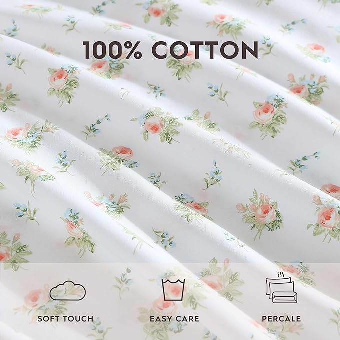 Laura Ashley - Standard Pillowcase Set, Breathable Percale Cotton Bedding, Floral Home Decor (Roseford Orange, 2 Piece)