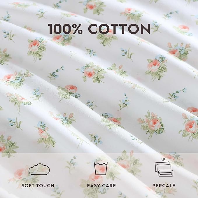 Laura Ashley - Twin Sheet Set, Breathable Percale Cotton Bedding, 200 Thread Count, Floral Home Decor (Roseford Orange, Twin)