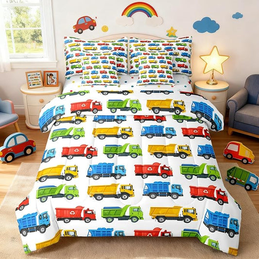 7 Pcs Colorful Garbage Truck Bedding Sets with Comforter,Flat & Fitted Sheet,Pillowcases,Pillow Covers Trash Trucks Decorative Comforter Set Cartoon Car Recycling Truck Bedroom Dorm Bed Set,King