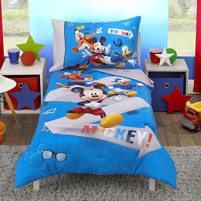 Disney Mickey Mouse and Pals 4 Piece Toddler Bedding Set - Fitted Sheet, Pillow Case, Top Sheet, and Comforter Quilt - Blue