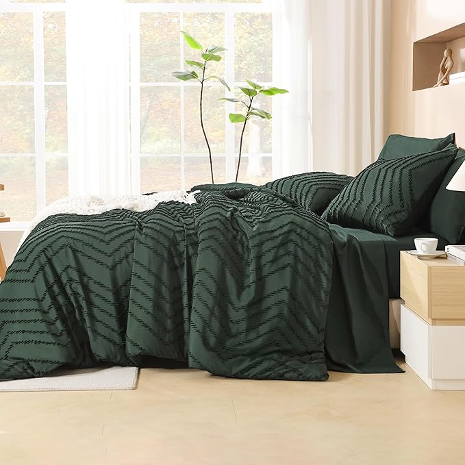 Litanika Forest Green Queen Size Comforter Set with Sheets - 7 Pieces Bed in a Bag Queen Boho Tufted Complete Bedding Sets with Comforter, Sheets, Pillowcases & Shams