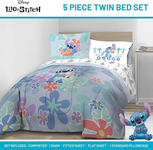 Jay Franco Disney Lilo and Stitch Twin Size Comforter Set - 5 Piece Bedding Includes Sheet Set & Pillow Covers - Super Soft Tropical Bedding