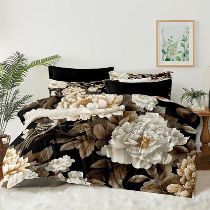 New Chinese Luxury Bedding Set Full Size, Black Peony & Bird Print Lightweight Comforter, Elegant Oriental Bedroom Decor with 2 Pillowcases/79 * 90