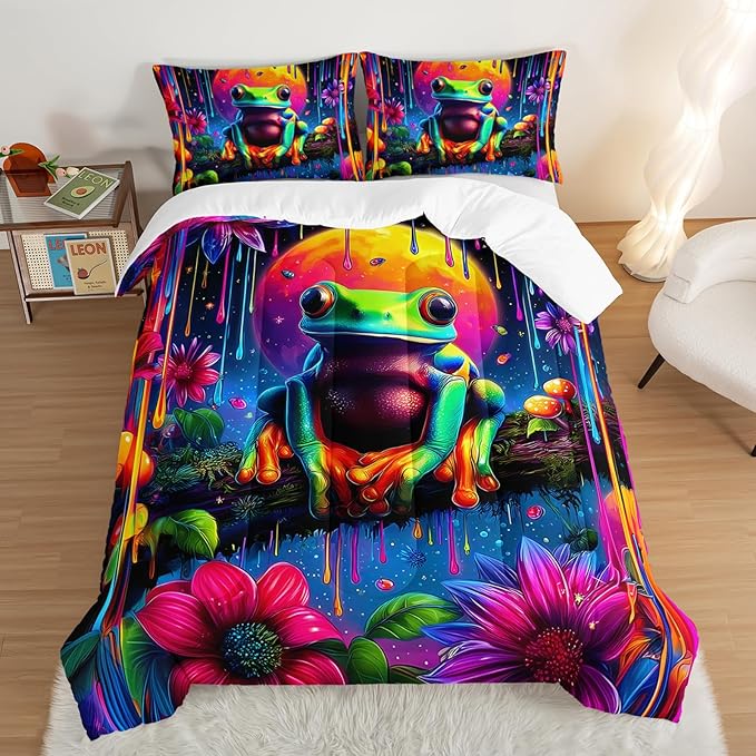 Cartoon Frog Bedding Set Cute Full Size,Colored Ink Flower Painting Comforter Sets for Kids Girls Boys Room Decor,Cute Animals Themed Comforter Set with 2 Pillowcases.
