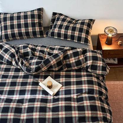 EAVD Vintage Black Plaid Gingham Comforter Set Full Soft 100% Washed Cotton Black&Green&Red Grid Checkered Bedding Set with 2 Pillowcases Farmhouse Retro Plaid Comforter Set for All-Season