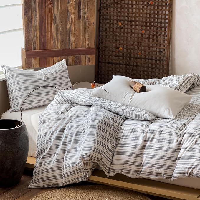 EAVD Retro Grey White Striped Duvet Cover Full Soft 100% Washed Cotton Reversible Striped Bedding Set with 2 Pillowcases Farmhouse Geometric Pattern Duvet Cover with Zipper Closure