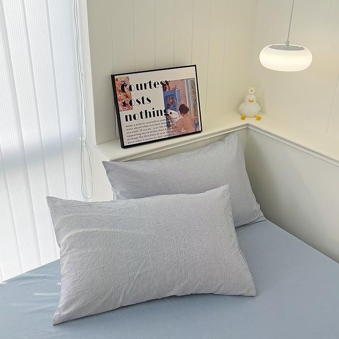 MKXI Ultra-Breathable Washed Cotton Duvet Cover Set, Full 3-Piece Set - Fine Blue & White Stripes - Textured, Comfy Bedding - Coastal, Farmhouse, Minimalist Style