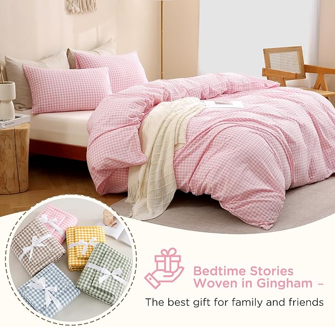 TOCOMOA Pink Gingham Duvet Cover Bedding Set 100% Washed Cotton Like Linen Feel Super Soft Comfortable 2 Piece Cute Plaid Checkered Comforter Cover Set (Twin 68"x90", Comforter Not Included)