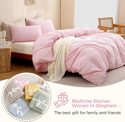 TOCOMOA Pink Gingham Duvet Cover Bedding Set 100% Washed Cotton Like Linen Feel Super Soft Comfortable 2 Piece Cute Plaid Checkered Comforter Cover Set (Twin 68"x90", Comforter Not Included)
