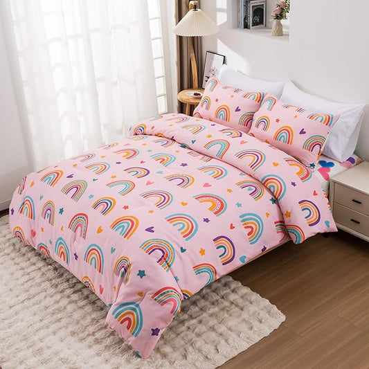 Btargot Lightweight Soft 3 Piece Rainbow Comforter Set with 2 Pillow Covers, Cartoon Love Hearts Flowers and Sun Moon Star Bedding Set for Girls Boys Kids, Twin Blush