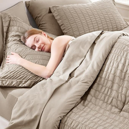 CozyLux Queen Comforter Set Khaki Seersucker 7 Pieces Bed in a Bag Queen Comforter Set with Sheets, Luxury Soft Bedding Sets with Down Alternative Comforter, Sheets, Pillowcases & Shams for All Season
