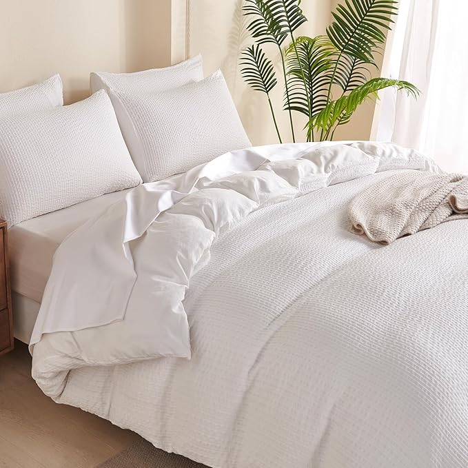 Queen Comforter Set Striped White - Soft Luxury Washed Microfiber Jacquard 3 Pieces Bedding Set for All-Season with 2 Pillowcases, Breathable Durable Comfy