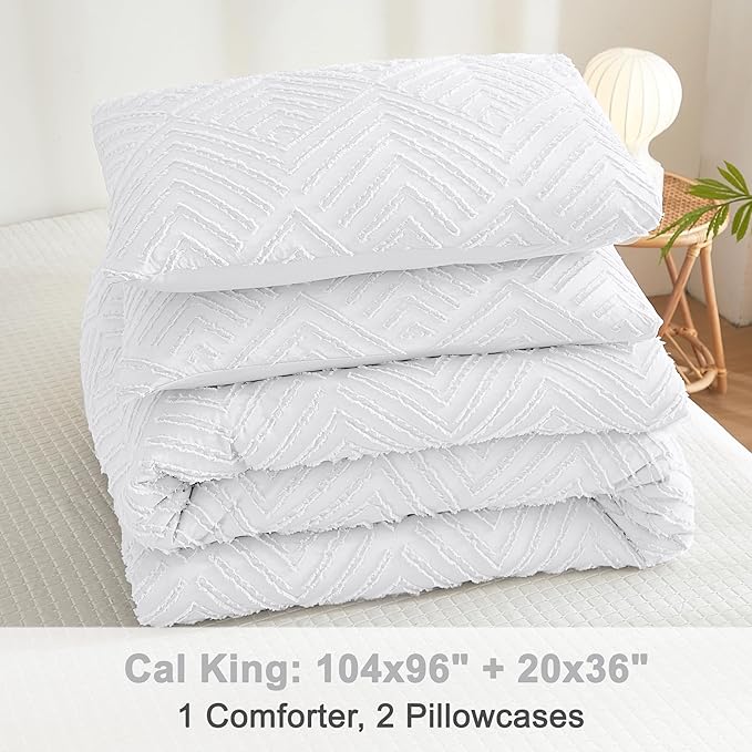 Litanika California King Comforter Set White, 3 Pieces Tufted Boho Farmhouse Bedding Comforter Sets, Lightweight Fluffy Comforter Bed Set All Season (104x96In Comforter & 2 Pillowcases)