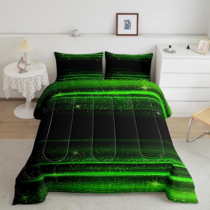 Ombre Stripes Bedding Set Full Black Green Outer Space Comforter Modern Gradient Geometric Down Comforter for Kids Boys Girls Teens Adult Soft Quilt Warm Lightweight with 2 Pillowcases Bedroom Decor