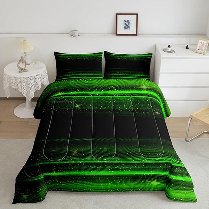 Ombre Stripes Bedding Set King Black Green Outer Space Comforter Modern Gradient Geometric Down Comforter for Kids Boys Girls Teens Adult Soft Quilt Warm Lightweight with 2 Pillowcases Bedroom Decor
