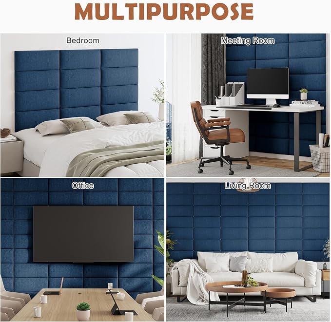 IFNOW Wall Mounted Headboard, Peel and Stick Panels, Navy Blue, Queen | 3D Soundproof Acoustic Padding, Reusable and Removable Tufted fabric Bed Headboard for bedroom (9 Panels, 10" x 24")