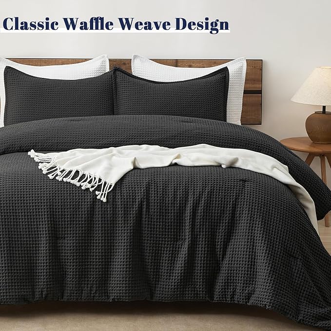 PHF Ultra Soft Waffle Weave Comforter Set California King Size, 3 Pieces Lightweight Breathable Comfy Bedding Set, Comfy Textured 1 Comforter with 2 Pillow Shams, Black