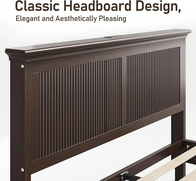 Lifezone King Bed Frame with Headboard, Solid Wood Bed Frame King Size with Charging Station & RGB LED, Wood Slats Support, Noise-Free, Sturdy Structure, Easy Assembly, Walnut