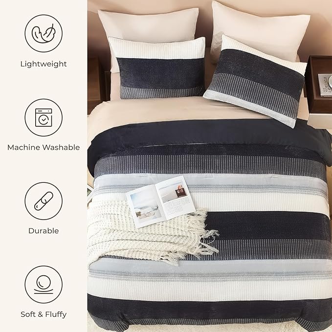 Litanika Fluffy Fleece Queen Comforter Set, Luxury Soft Plush Fuzzy Black Blue Stripe Bedding Comforter Sets, Warm Shaggy Faux Fur Bed Set All Season (1 Comforter, 2 Pillowcases)