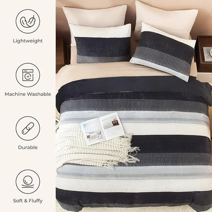 Litanika Fluffy Fleece King Size Comforter Set, Luxury Soft Plush Fuzzy Black Blue Stripe Bedding Comforter Sets, Warm Shaggy Faux Fur Bed Set All Season (1 Comforter, 2 Pillowcases)