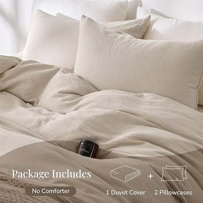 Cream Gray Duvet Cover Queen Size, 100% Sandwashed Cotton Soft Queen Duvet Cover Set 3 Pieces with Zipper Clousre & Corner Buttons (Cream Gray, Queen 90 x 90)