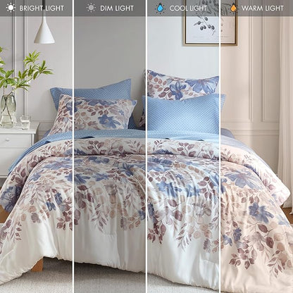 Madison Park Essentials Full Comforter Set with Sheets, Floral Bed in A Bag Microfiber Comforter for Full-Size Bed, Shabby Chic Full Bedding Set Diamond Printed Sheet, Luna, Full, Blue 7 Piece