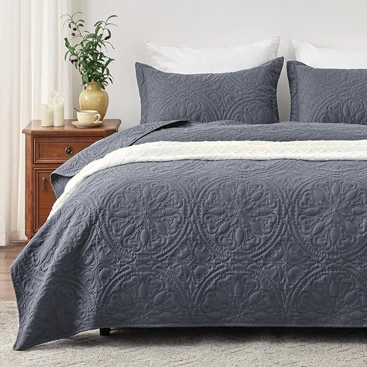 EXQ Home Quilt Set Full Queen Size Bluish Grey 3 Piece,Lightweight Soft Coverlet Mandala Flower Pattern Bedspread Set for All Season(1 Quilt,2 Pillow Shams)