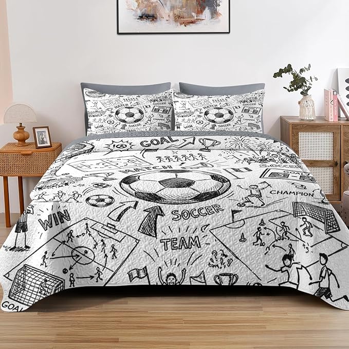 Quilt Set Twin Size, Game Soccer Painting 2 Pcs Soft Bed Cover Bedding Set for Kids and Adults, Football Ball Cup Sport Lightweight Bedspread Coverlet with Pillow Sham for All Season