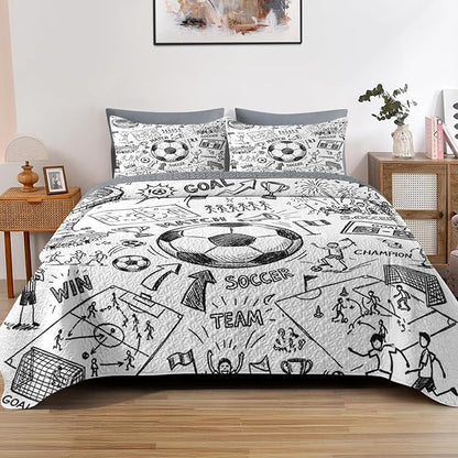 Quilt Set King Size, Game Soccer Painting 3 Pcs Soft Bed Cover Bedding Set for Kids and Adults, Football Ball Cup Sport Lightweight Bedspread Coverlet with Pillow Sham for All Season