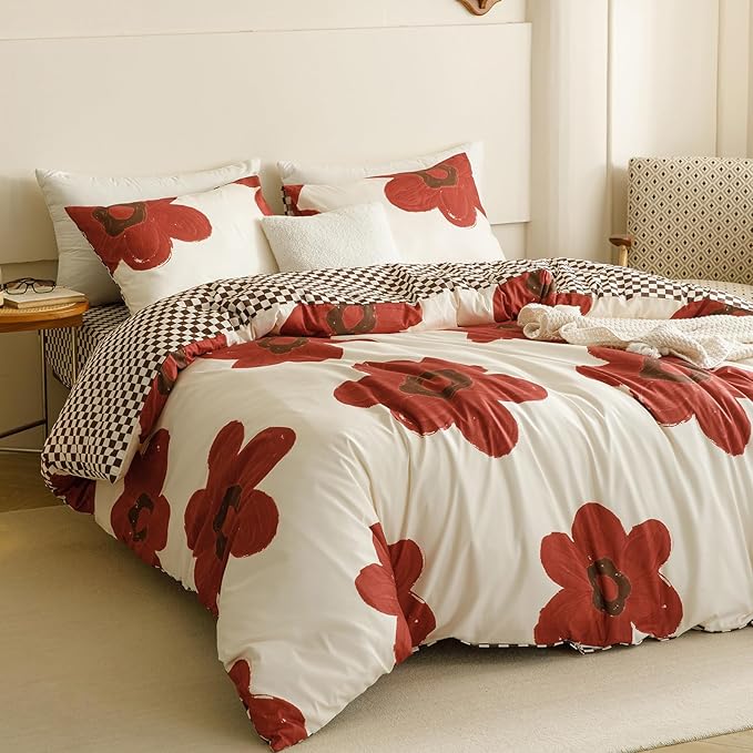 KAREVER Red Floral Comforter Queen White with Red Flower Bedding Set 3 PCs Comforter Set Queen Size Comforter (90x90 Inches) with 2 Pillowcases (26x26 inches)