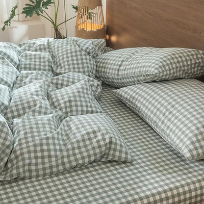 MooMee Bedding Pillowcases Gingham Pack of 2 100% Washed Cotton Linen Like Textured Breathable Durable Soft Comfy (Classic Gingham Sage Green, Queen)