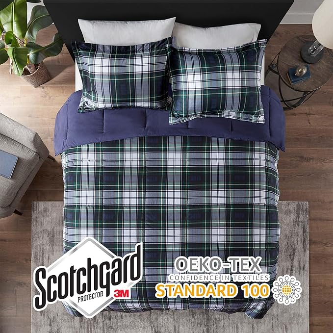 Madison Park Essentials Parkston Plaid Comforter, Matching Sham, 3M Scotchguard Stain Release Cover, Hypoallergenic All Season Bedding-Set, Twin/TwinXL, Navy, 2 Piece