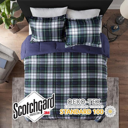 Madison Park Essentials Parkston Plaid Comforter, Matching Sham, 3M Scotchguard Stain Release Cover, Hypoallergenic All Season Bedding-Set, King/California King, Navy, 3 Piece
