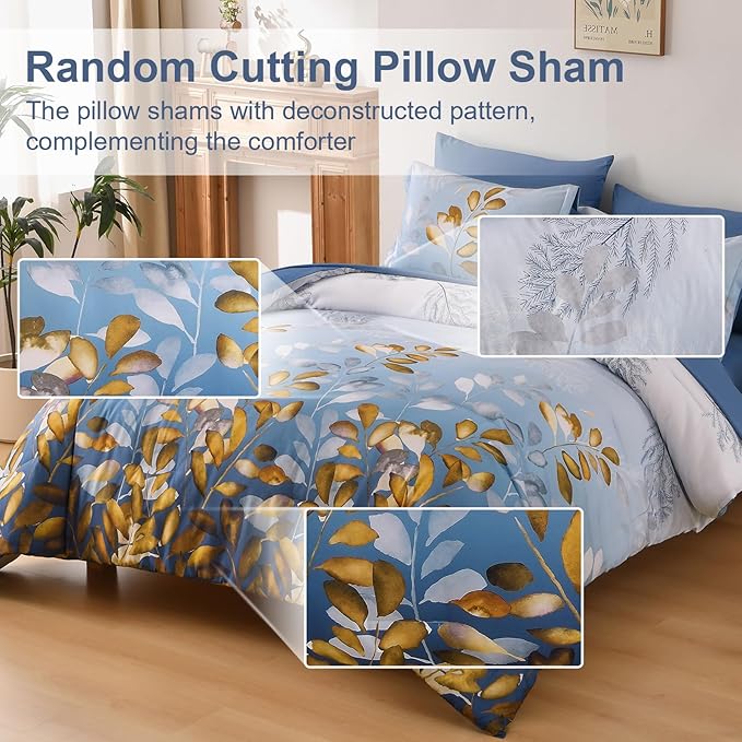 Anibedding Botanical Queen Comforter Set, 7 Piece Blue Gold Gradient Leaves Ultra Soft Microfiber Down Alternative Bedding Set with Sheets and Pillowcase for All Season