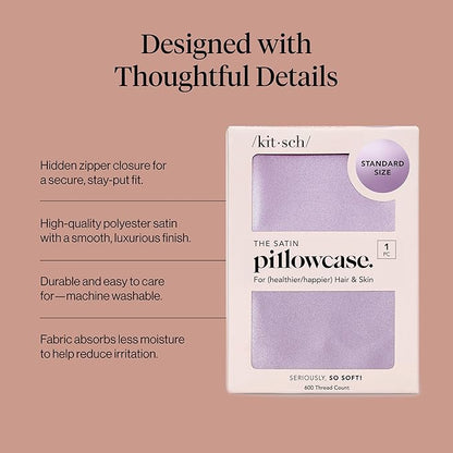 Kitsch Satin Pillowcase with Zipper for Hair & Skin - Softer Than Silk Pillow Cases, Smooth Cooling Satin Pillow Case, Wrinkle-Free, Machine Washable, Pillow Cases Standard Size 19x26 - Lavender