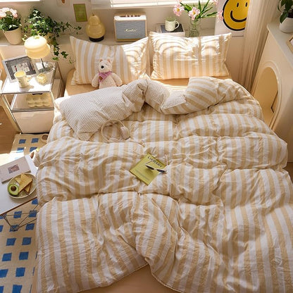 Salmon Pink Striped Duvet Covers Full Hotel Pattern Comforter Cover Full Size Boho Cute Dorm Cozy Duvet Cover Set with 2 Pillow Cases Neutral Teen Girl Bedding Washed Microfiber Duvet Protector